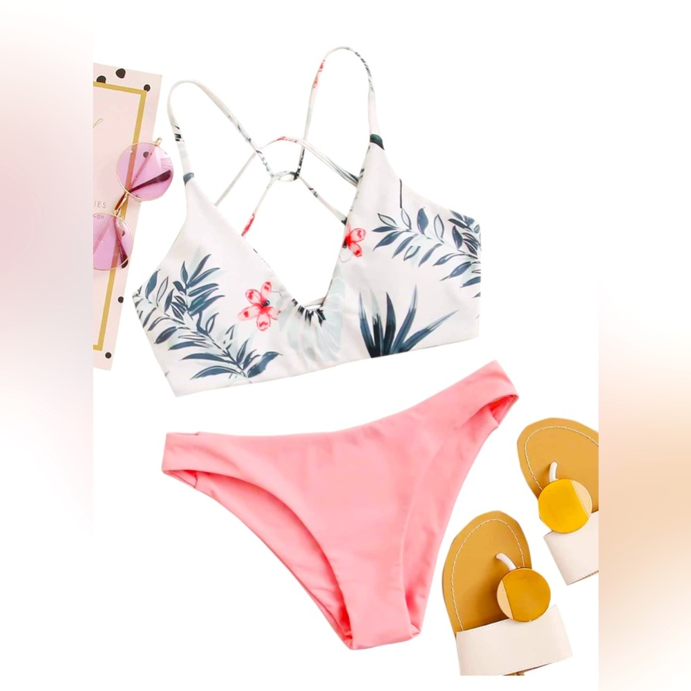 SweatyRocks Women's Sexy Bathing Suit Floral Print Cross Back Bikini Set